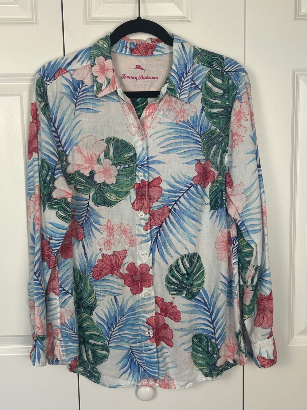 Tommy Bahama White Floral Button-Down Shirt with Pink & Green Print Size Large